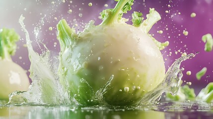 Wall Mural - Fresh Green Kohlrabi Splashing in Water