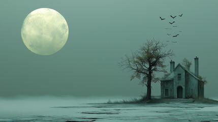 A spooky house sits under a full moon with bats flying overhead.