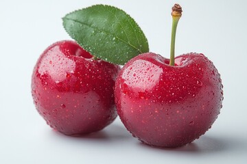 Sticker - Two shiny red cherries with droplets of water and a green leaf.