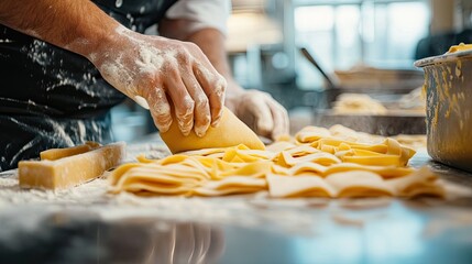 Sticker - A chef prepares fresh pasta on a floured countertop in a kitchen setting.