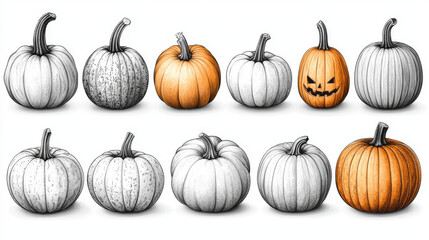 Wall Mural - A row of pumpkins, some plain and others with a spooky carved face.