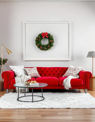 Wall Mural - mockup blank frame white, Cozy red living room, red sofa, white walls, Christmas decor, Christmas tree in the room, wooden floor