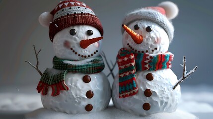 Two cheerful snowmen wearing colorful scarves and hats, standing together in a snowy landscape.