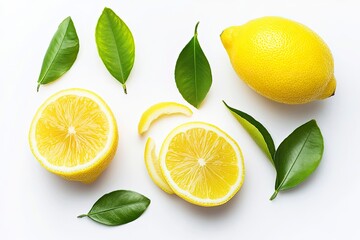 Wall Mural - lemon fruit with leaves, slice and half isolated on a white background, Fresh and Juicy Lemon, clipping path , ai