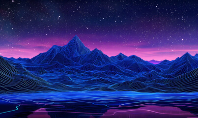 Wall Mural - Abstract landscape with glowing blue lines and a starry night sky.