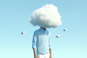 Aufkleber - Surrealism Minimalism Young Man with Cloud Head in Pastel Blue Sky