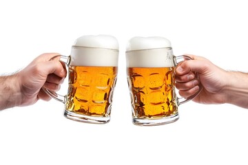 Two hands raising beer mugs in a celebratory cheers gesture against a white background