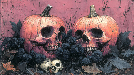 Wall Mural - Two carved pumpkins with skull faces and a pile of skulls on a pink background.