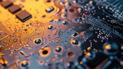 A close-up of a circuit board with water droplets, showcasing technology and detail.