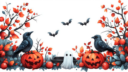 Wall Mural - A spooky Halloween scene with jack-o-lanterns, crows, bats, and a ghost.