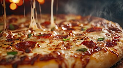 A close-up of a delicious pizza with melted cheese and pepperoni, steaming and appetizing.