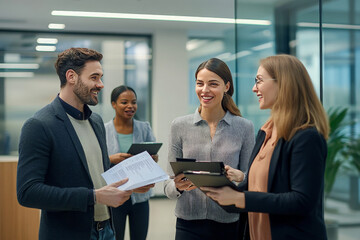 A group of four diverse business professionals stand in an office hallway, smiling and engaging in conversation.  They hold files and tablets.  They are all dressed in business casual attire.