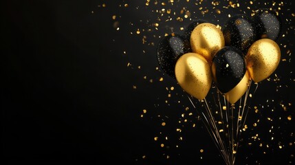 Gold and black balloons with golden confetti explosion flying around on a dark background. Elegant and luxury birthday card banner with copy space.