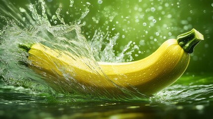 Wall Mural - Fresh Yellow Zucchini Splashing in Water with Green Background