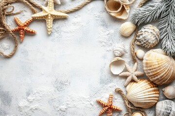 Rope, shells and Christmas decor on white grunge background. Top view with generative ai