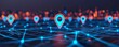 © Cheewynn - Futuristic cityscape with glowing location pins connected by neon blue lines, symbolizing advanced navigation and digital connectivity