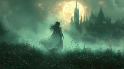 Sticker - A woman walks toward a mysterious castle in the distance.