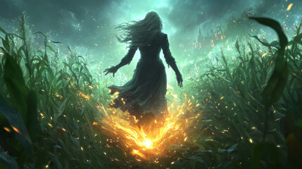 Wall Mural - Woman in a field with fire at her feet and a mysterious castle in the distance.