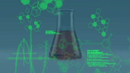 Sticker - Chemical formulas and data processing animation over laboratory flask with liquid