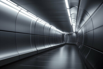 Futuristic metallic tunnel with light at the end.