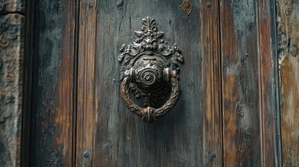 A close-up of an ornate door knocker on a weathered wooden door.