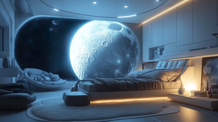 Wall Mural - Modern bedroom design with a glowing moon bed minimalist decor and ambient lighting