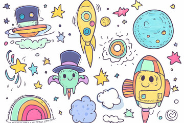 Cute cartoon doodle illustration of planets, stars, rockets, and a rainbow.