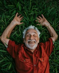 Poster - A man lies on his back in the grass with a big smile. AI.