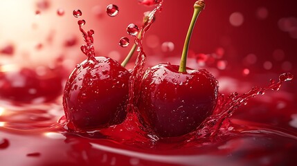 Poster - Red Cherries Splashing in Cherry Juice