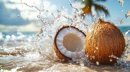 Wall Mural - Fresh Coconut Splashing in Water  Tropical Beach  Summer  Vacation  Refreshment