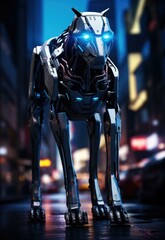 Poster - A robotic dog walks down a city street. AI.