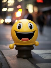 Sticker - A smiley face statue on a city street. AI.