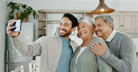 Poster - Family, selfie and smile with senior parents and son in home with social media update. Profile picture, people and happy from bonding with love, care and support with internet and online post