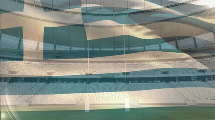 Wall Mural - Waving greece flag animation over empty stadium with rugby goalposts in background