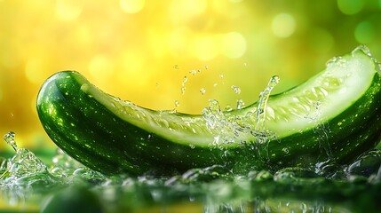 Wall Mural - Fresh Cucumber Splashing Water   Green Nature Background