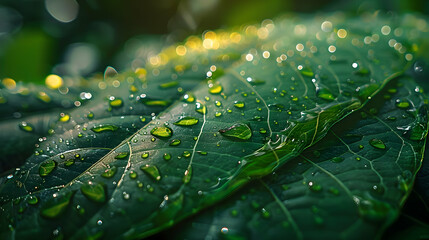 Green Leaf with Water Droplets Macro Photography