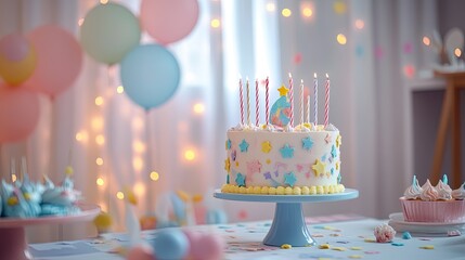 A colorful birthday cake with candles, surrounded by festive decorations and treats.