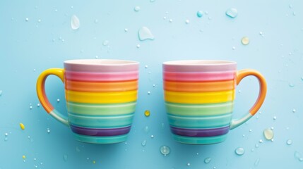 Two rainbow-striped mugs sit on a wet surface with water droplets. The pastel colors of the mugs and background create a fresh and playful scene, perfect for conveying a sense of cleanliness and