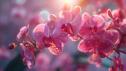 Wall Mural - Pink Orchid Flower with Dew Drops in Soft Light - Macro Photography