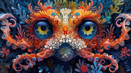  A vibrant, stylized depiction of a colorful crab surrounded by coral and marine elements.