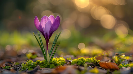 Wall Mural - Purple Crocus Flower with Dew Drops in a Green Mossy Setting - A Realistic Photo