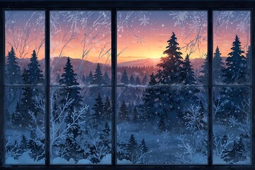 Wall Mural - A tranquil winter landscape viewed through frosted windows, showcasing a beautiful snowy scene with evergreen trees and a stunning sunrise.