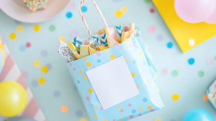 Wall Mural - A colorful gift bag filled with decorative paper, surrounded by festive confetti and balloons.