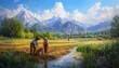 © DruZhi Art - Painting of Two People Working in a Field with Mountains in Background