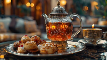 Table with tea, snacks, and tea pot.