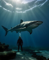 A diver and a giant shark, concept of risks and dangers