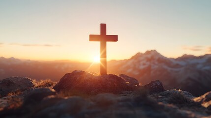 Poster - A wooden cross stands on a rocky peak