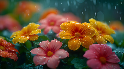 Wall Mural - Closeup of Flowers in the Rain - Illustration