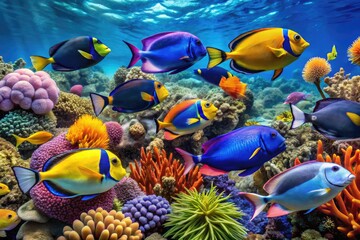 Wall Mural - Vibrant aquatic scene featuring a diverse school of colorful fish, including regal tang, blue tang, Moorish idol, and yellow tang, swimming amongst coral reef.