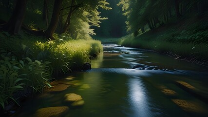 Wall Mural - A brook that flows through a forest, and on its banks a lot of greenery Generative AI

